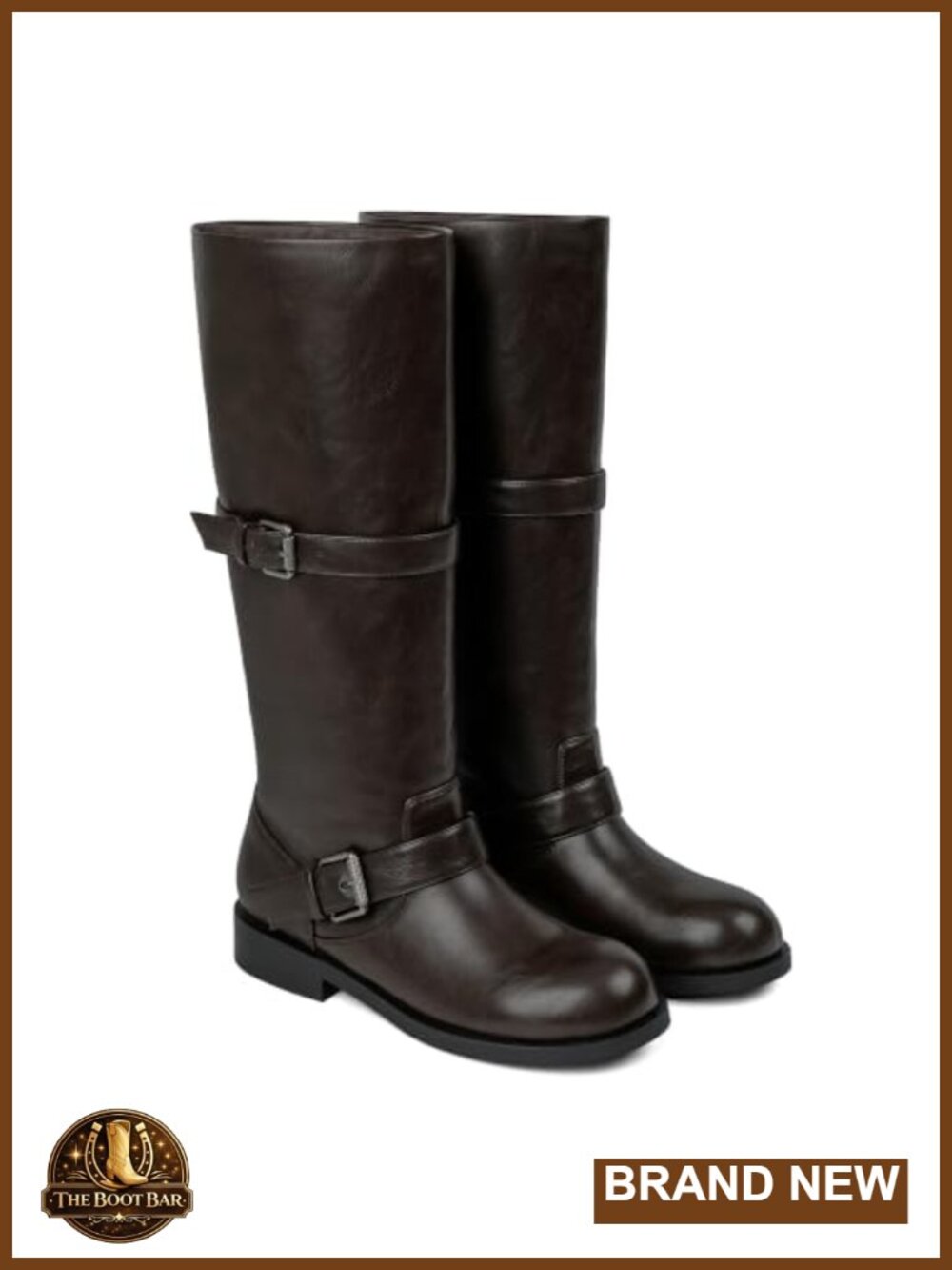 Faux Leather Knee High Riding Boots Flat Block Heel Double Buckle Womens